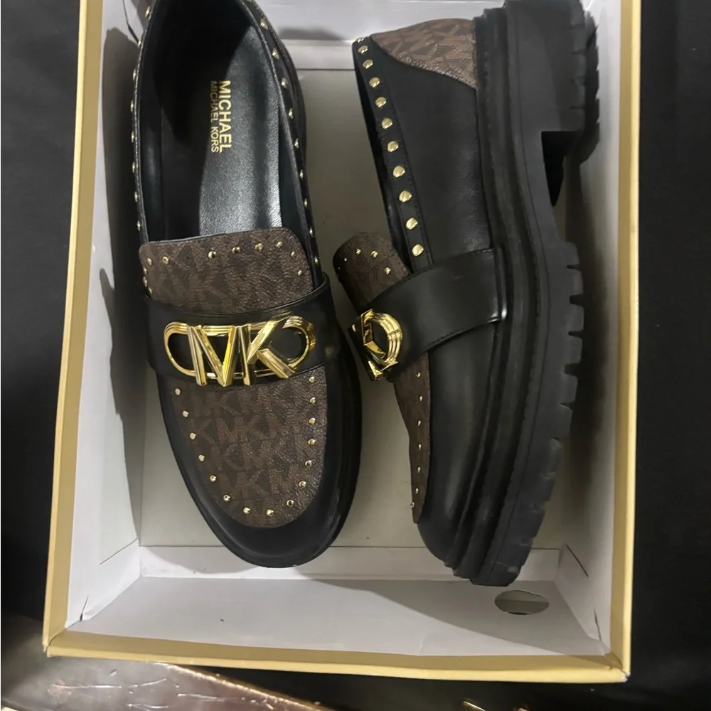 Michael Kors Black and Brown Loafers with Gold Accents - Picture 3 of 5